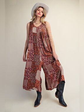 #224 New! Easel Women's Patchwork Print Wide-Leg Jumpsuit - Brown